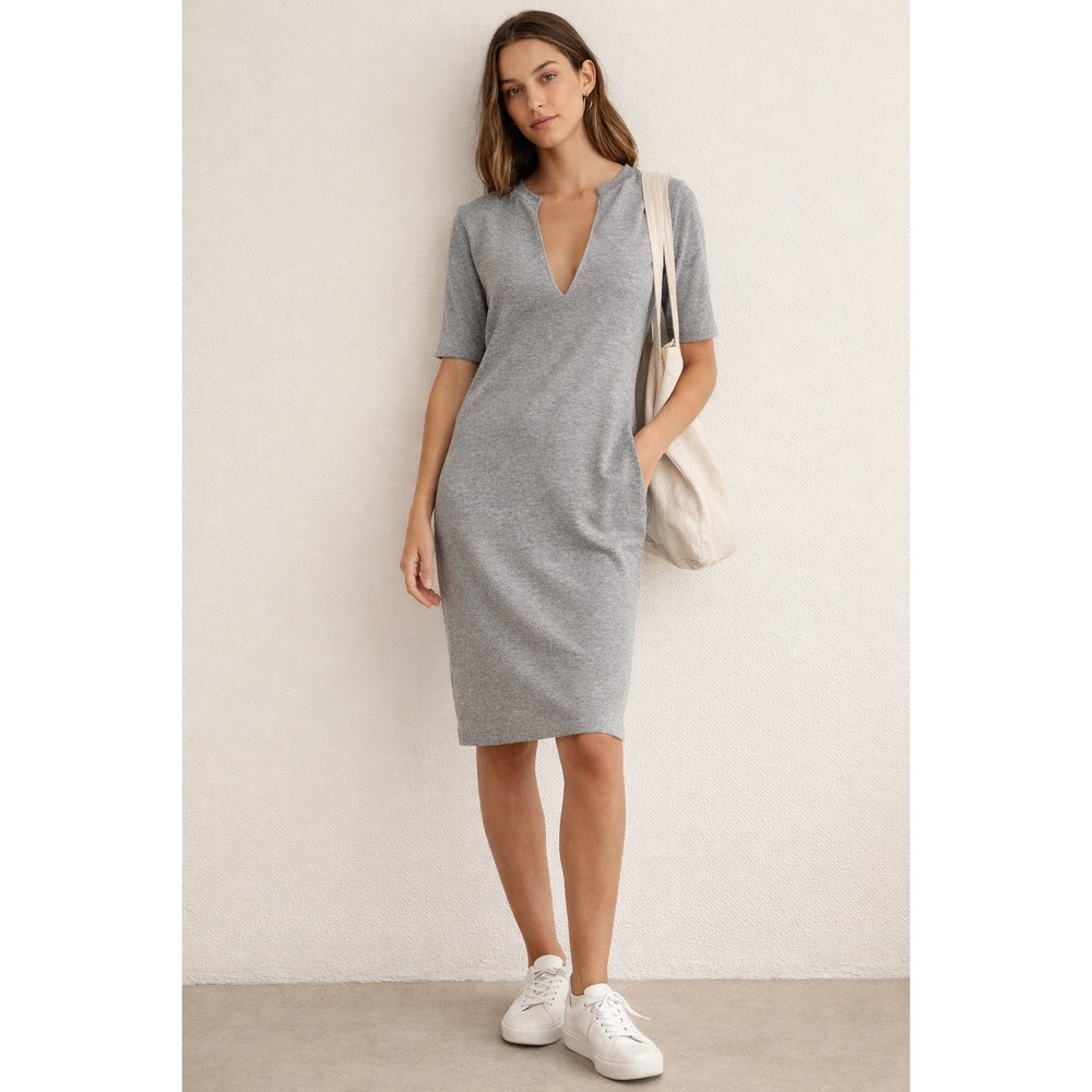 The Fifth Label Gray Ribbed Dress Deep V Notch Neck Chic Minimalist Capsule Aus